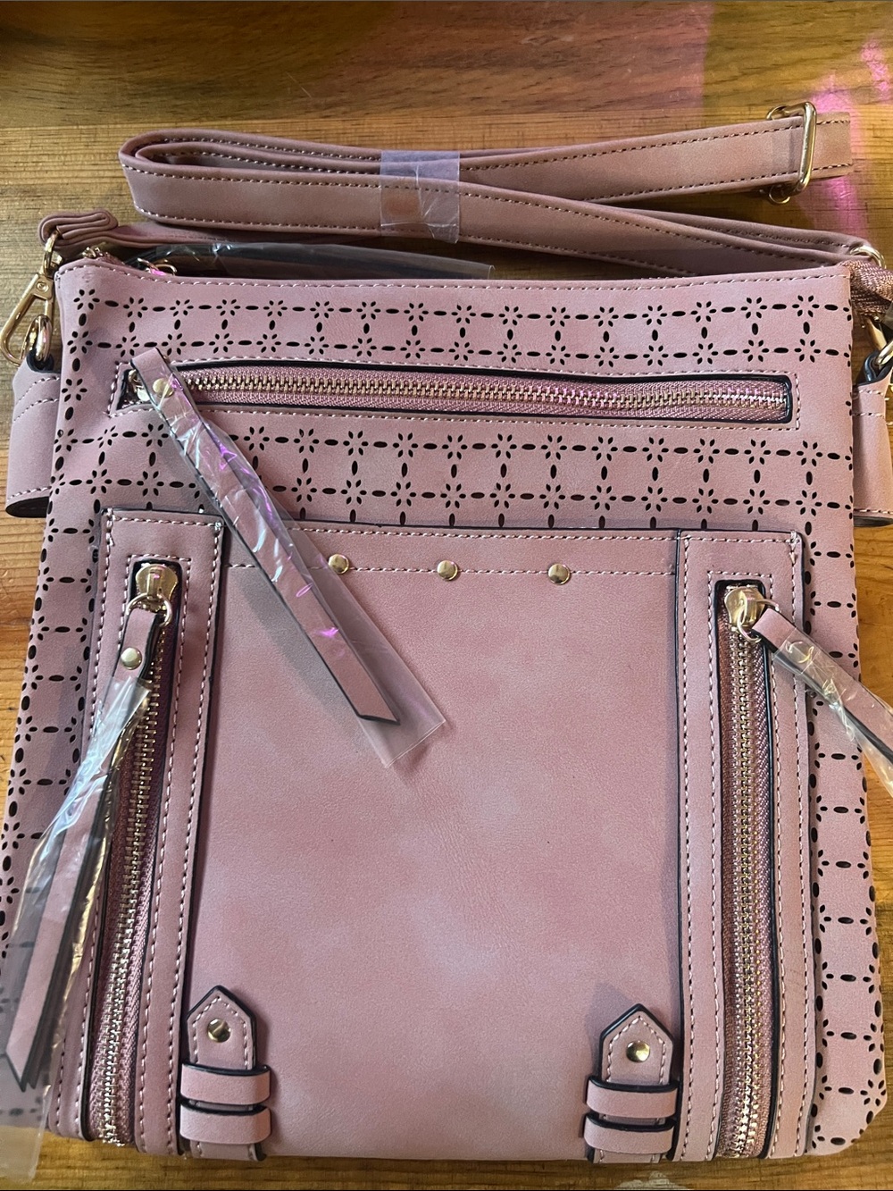 Violet Ray Dusty Rose Perforated Crossbody Bag with Gold Accents